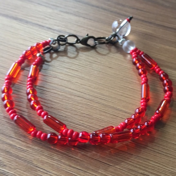 Red Beaded Ladies Double Strand Beaded Ladies Bracelet, Handmade Ladies Bracelet - Picture 6 of 8